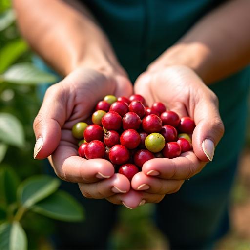 A farmer holding a handful of fresh coffee cherries.