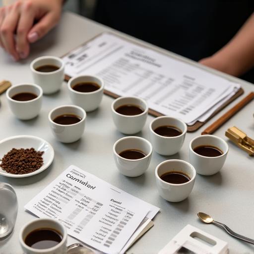 A table set for a professional coffee cupping session.
