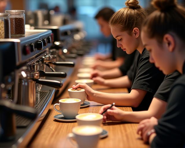 A group of baristas in a training session learning latte art.