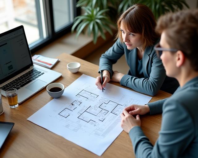A consultant reviewing a cafe's floor plan with the owner.