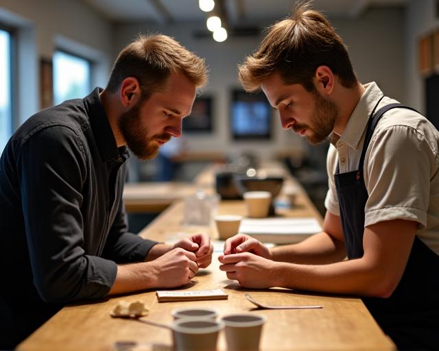 A roaster and a client cupping different coffee samples.